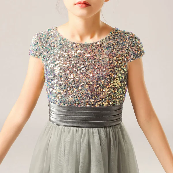 Fashion Grey Birthday Flower Girl Dresses 2021 Sheath / Fit Scoop Neck Sleeveless Sash Sequins Floor-Length / Long Ruffle
