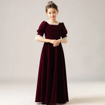 Vintage Originale Bordeaux Velour Hiver Anniversaire Robe Ceremonie Fille 2021 Princesse Encolure Carrée Gonflée Manches Courtes Perlage Perle Longue Volants