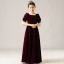 Vintage / Retro Burgundy Velour Winter Birthday Flower Girl Dresses 2021 A-Line / Princess Square Neckline Puffy Short Sleeve Beading Pearl Floor-Length / Long Ruffle