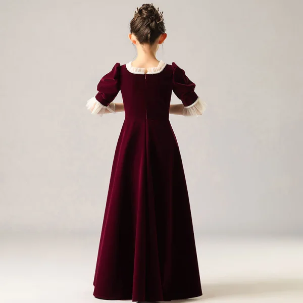 Vintage / Retro Burgundy Velour Winter Birthday Flower Girl Dresses 2021 A-Line / Princess Square Neckline Puffy Short Sleeve Beading Pearl Floor-Length / Long Ruffle