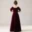 Vintage / Retro Burgundy Velour Winter Birthday Flower Girl Dresses 2021 A-Line / Princess Square Neckline Puffy Short Sleeve Beading Pearl Floor-Length / Long Ruffle