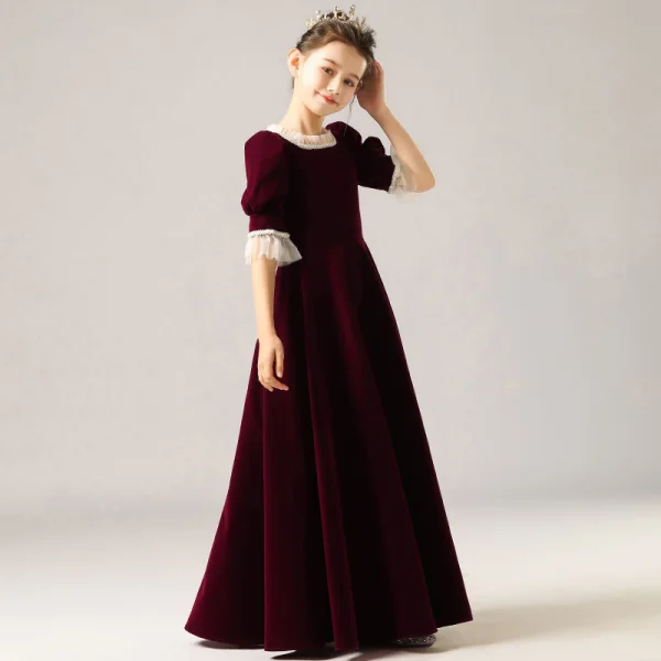 Vintage / Retro Burgundy Velour Winter Birthday Flower Girl Dresses 2021 A-Line / Princess Square Neckline Puffy Short Sleeve Beading Pearl Floor-Length / Long Ruffle