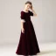 Vintage / Retro Burgundy Velour Winter Birthday Flower Girl Dresses 2021 A-Line / Princess Square Neckline Puffy Short Sleeve Beading Pearl Floor-Length / Long Ruffle