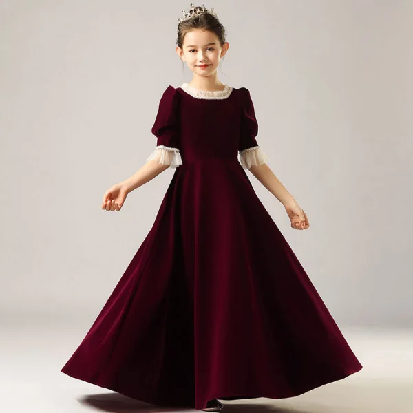 Vintage / Retro Burgundy Velour Winter Birthday Flower Girl Dresses 2021 A-Line / Princess Square Neckline Puffy Short Sleeve Beading Pearl Floor-Length / Long Ruffle