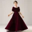 Vintage / Retro Burgundy Velour Winter Birthday Flower Girl Dresses 2021 A-Line / Princess Square Neckline Puffy Short Sleeve Beading Pearl Floor-Length / Long Ruffle