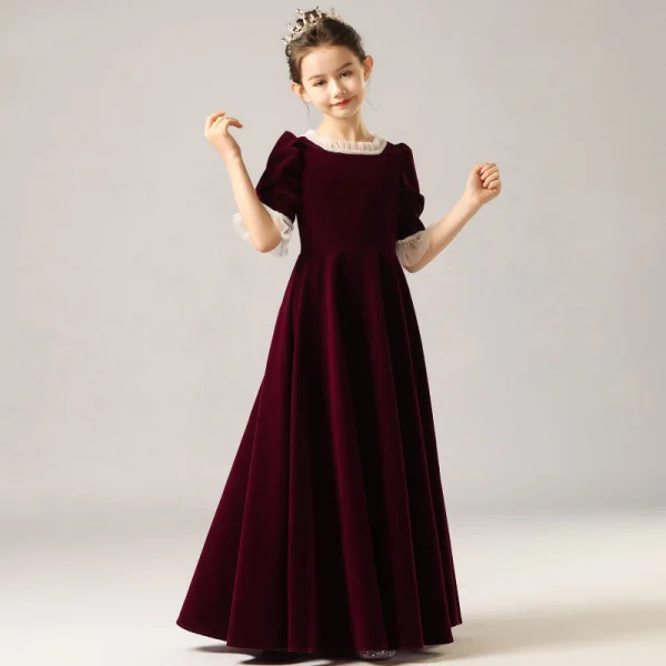 Vintage / Retro Burgundy Velour Winter Birthday Flower Girl Dresses 2021 A-Line / Princess Square Neckline Puffy Short Sleeve Beading Pearl Floor-Length / Long Ruffle