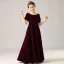 Vintage / Retro Burgundy Velour Winter Birthday Flower Girl Dresses 2021 A-Line / Princess Square Neckline Puffy Short Sleeve Beading Pearl Floor-Length / Long Ruffle
