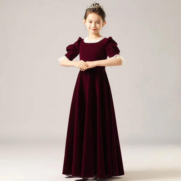 Vintage / Retro Burgundy Velour Winter Birthday Flower Girl Dresses 2021 A-Line / Princess Square Neckline Puffy Short Sleeve Beading Pearl Floor-Length / Long Ruffle