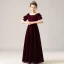 Vintage / Retro Burgundy Velour Winter Birthday Flower Girl Dresses 2021 A-Line / Princess Square Neckline Puffy Short Sleeve Beading Pearl Floor-Length / Long Ruffle