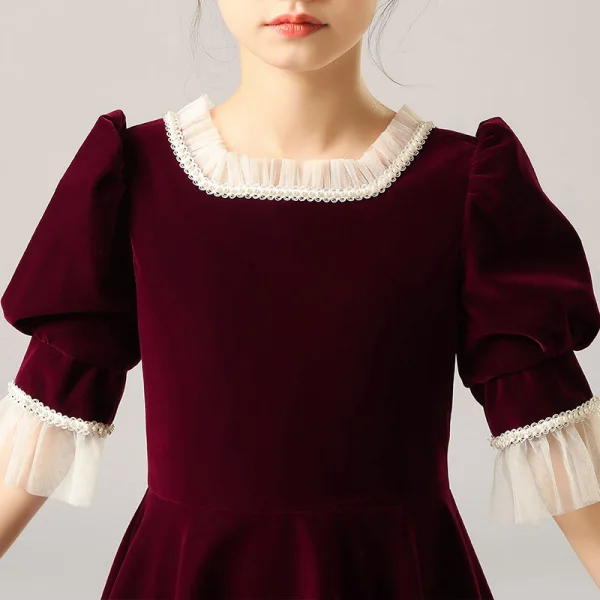 Vintage / Retro Burgundy Velour Winter Birthday Flower Girl Dresses 2021 A-Line / Princess Square Neckline Puffy Short Sleeve Beading Pearl Floor-Length / Long Ruffle