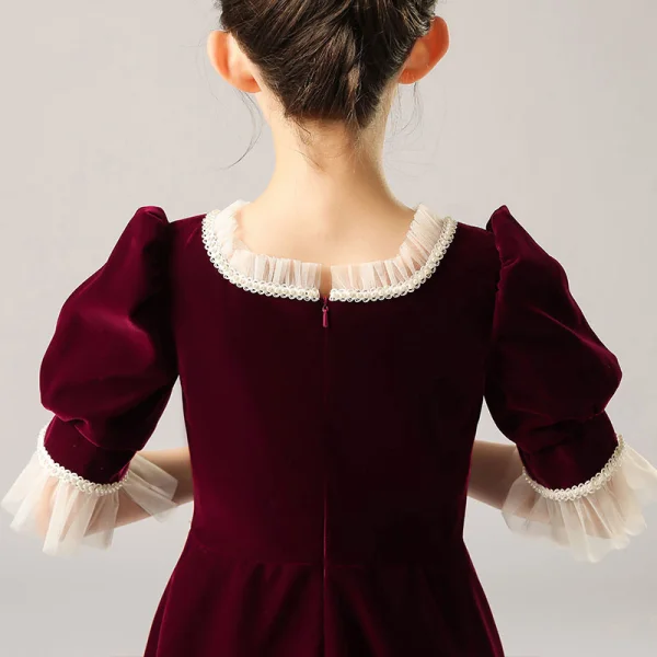 Vintage / Retro Burgundy Velour Winter Birthday Flower Girl Dresses 2021 A-Line / Princess Square Neckline Puffy Short Sleeve Beading Pearl Floor-Length / Long Ruffle
