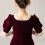 Vintage / Retro Burgundy Velour Winter Birthday Flower Girl Dresses 2021 A-Line / Princess Square Neckline Puffy Short Sleeve Beading Pearl Floor-Length / Long Ruffle