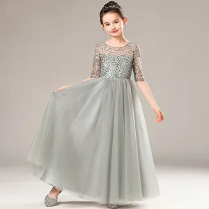 Illusion Grey Birthday See Through Flower Girl Dresses 2021 A Line Princess Scoop Neck 1 2 Sleeves Sequins Floor Length Long Ruffle