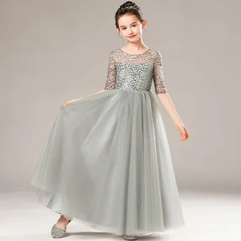 Illusion Gris Anniversaire Transparentes Robe Ceremonie Fille 2021 Princesse Encolure Dégagée 1 2 Manches Paillettes Longue Volants
