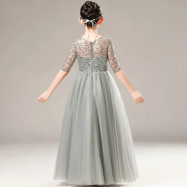 Illusion Grey Birthday See-through Flower Girl Dresses 2021 A-Line / Princess Scoop Neck 1/2 Sleeves Sequins Floor-Length / Long Ruffle
