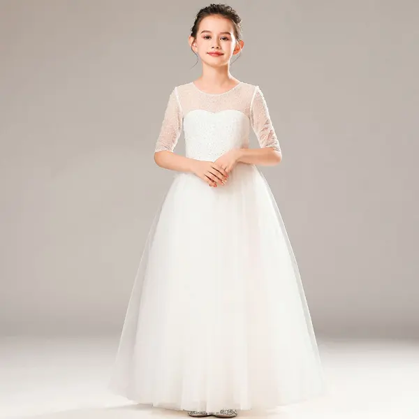 Illusion Grey Birthday See-through Flower Girl Dresses 2021 A-Line / Princess Scoop Neck 1/2 Sleeves Sequins Floor-Length / Long Ruffle