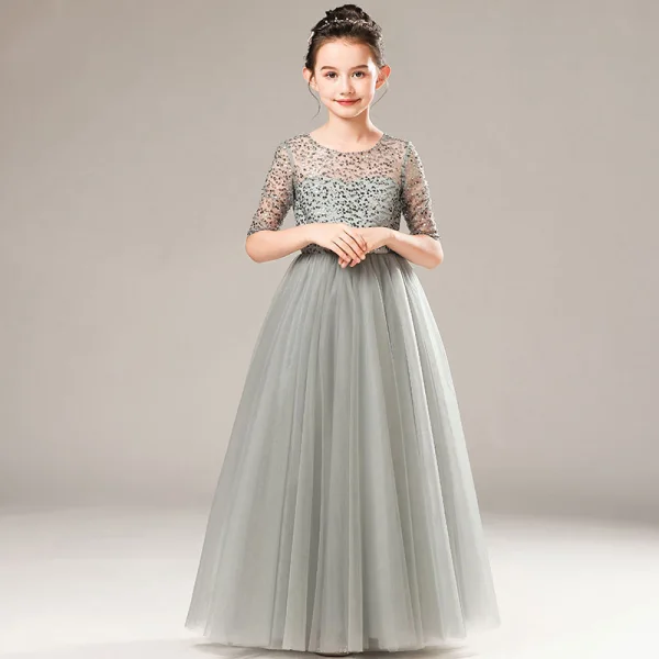 Illusion Grey Birthday See-through Flower Girl Dresses 2021 A-Line / Princess Scoop Neck 1/2 Sleeves Sequins Floor-Length / Long Ruffle