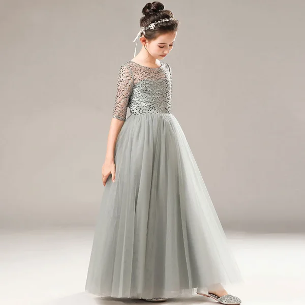 Illusion Grey Birthday See-through Flower Girl Dresses 2021 A-Line / Princess Scoop Neck 1/2 Sleeves Sequins Floor-Length / Long Ruffle