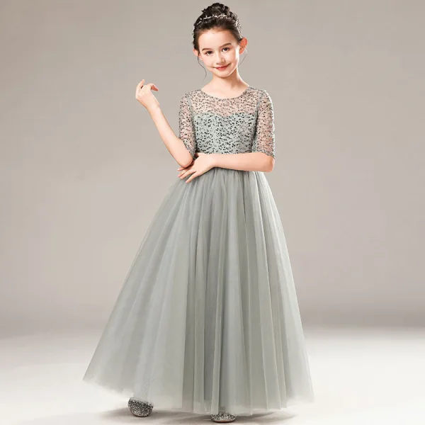 Illusion Grey Birthday See-through Flower Girl Dresses 2021 A-Line / Princess Scoop Neck 1/2 Sleeves Sequins Floor-Length / Long Ruffle
