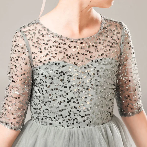 Illusion Grey Birthday See-through Flower Girl Dresses 2021 A-Line / Princess Scoop Neck 1/2 Sleeves Sequins Floor-Length / Long Ruffle