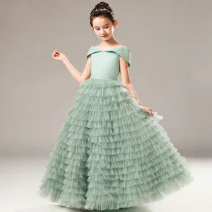 High End Sage Green Birthday Flower Girl Dresses 2021 A Line Princess Off The Shoulder Short Sleeve Backless Glitter Tulle Floor Length Long Cascading Ruffles