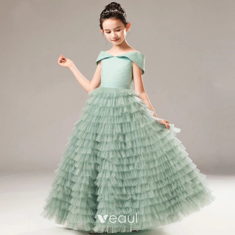 High-end Sage Green Birthday Flower Girl Dresses 2021 A-Line / Princess  Off-The-Shoulder Short Sleeve Backless Glitter Tulle Floor-Length / Long  Cascading Ruffles