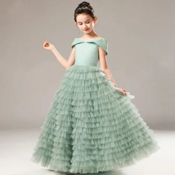 High-end Sage Green Birthday Flower Girl Dresses 2021 A-Line / Princess Off-The-Shoulder Short Sleeve Backless Glitter Tulle Floor-Length / Long Cascading Ruffles