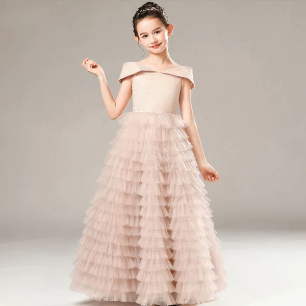 High-end Sage Green Birthday Flower Girl Dresses 2021 A-Line / Princess Off-The-Shoulder Short Sleeve Backless Glitter Tulle Floor-Length / Long Cascading Ruffles