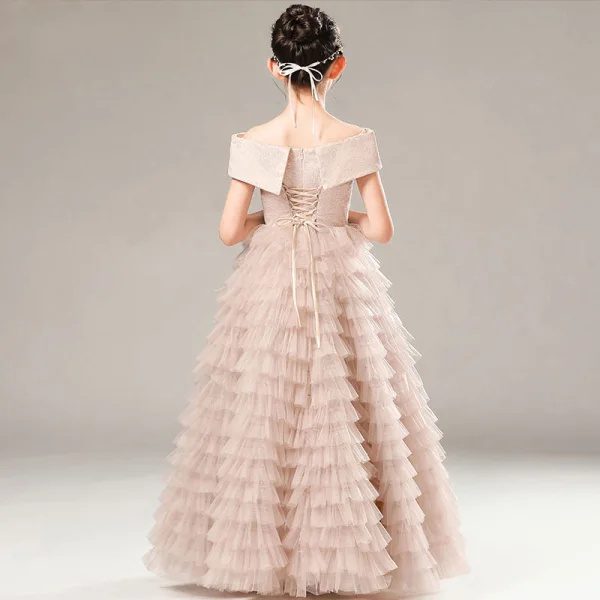 High-end Sage Green Birthday Flower Girl Dresses 2021 A-Line / Princess Off-The-Shoulder Short Sleeve Backless Glitter Tulle Floor-Length / Long Cascading Ruffles