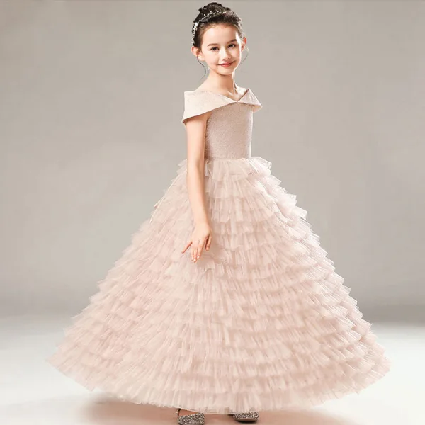 High-end Sage Green Birthday Flower Girl Dresses 2021 A-Line / Princess Off-The-Shoulder Short Sleeve Backless Glitter Tulle Floor-Length / Long Cascading Ruffles