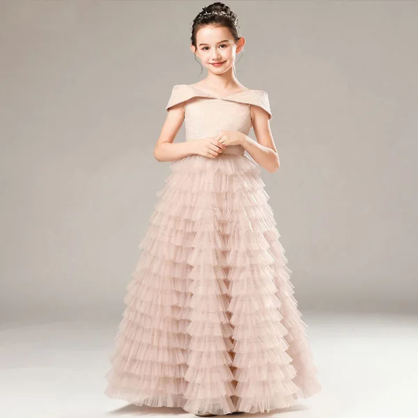 High-end Sage Green Birthday Flower Girl Dresses 2021 A-Line / Princess Off-The-Shoulder Short Sleeve Backless Glitter Tulle Floor-Length / Long Cascading Ruffles