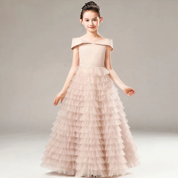 High-end Sage Green Birthday Flower Girl Dresses 2021 A-Line / Princess Off-The-Shoulder Short Sleeve Backless Glitter Tulle Floor-Length / Long Cascading Ruffles