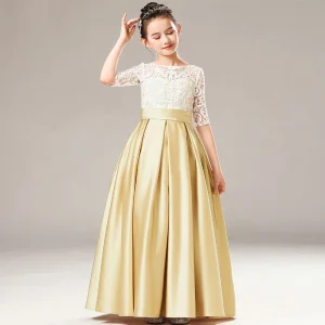 Chic Belle Doré Satin Anniversaire Robe Ceremonie Fille 2021 Princesse Transparentes Encolure Dégagée 1 2 Manches Appliques En Dentelle Ceinture Longue Volants