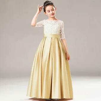 Chic Beautiful Gold Satin Birthday Flower Girl Dresses 2021 A Line Princess See Through Scoop Neck 1 2 Sleeves Appliques Lace Sash Floor Length Long Ruffle