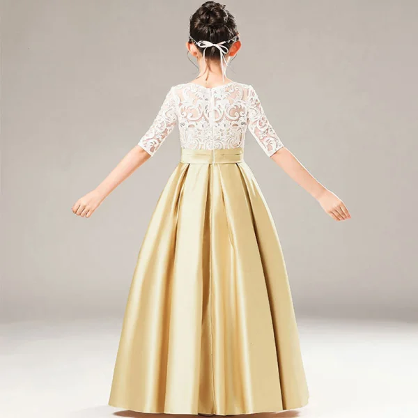 Chic / Beautiful Gold Satin Birthday Flower Girl Dresses 2021 A-Line / Princess See-through Scoop Neck 1/2 Sleeves Appliques Lace Sash Floor-Length / Long Ruffle