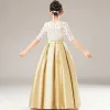 Chic / Beautiful Gold Satin Birthday Flower Girl Dresses 2021 A-Line / Princess See-through Scoop Neck 1/2 Sleeves Appliques Lace Sash Floor-Length / Long Ruffle