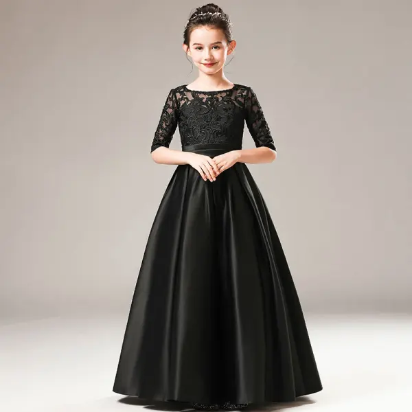 Chic / Beautiful Gold Satin Birthday Flower Girl Dresses 2021 A-Line / Princess See-through Scoop Neck 1/2 Sleeves Appliques Lace Sash Floor-Length / Long Ruffle