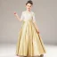 Chic / Beautiful Gold Satin Birthday Flower Girl Dresses 2021 A-Line / Princess See-through Scoop Neck 1/2 Sleeves Appliques Lace Sash Floor-Length / Long Ruffle