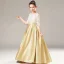 Chic / Beautiful Gold Satin Birthday Flower Girl Dresses 2021 A-Line / Princess See-through Scoop Neck 1/2 Sleeves Appliques Lace Sash Floor-Length / Long Ruffle