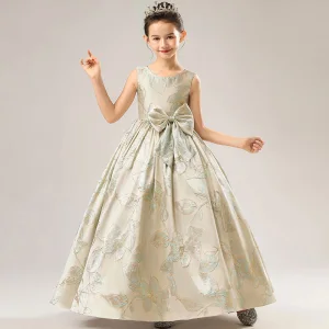 Haut De Gamme Doré Satin Anniversaire Robe Ceremonie Fille 2021 Robe Boule Encolure Dégagée Sans Manches Noeud Vert Cendré Brodé Longue Volants