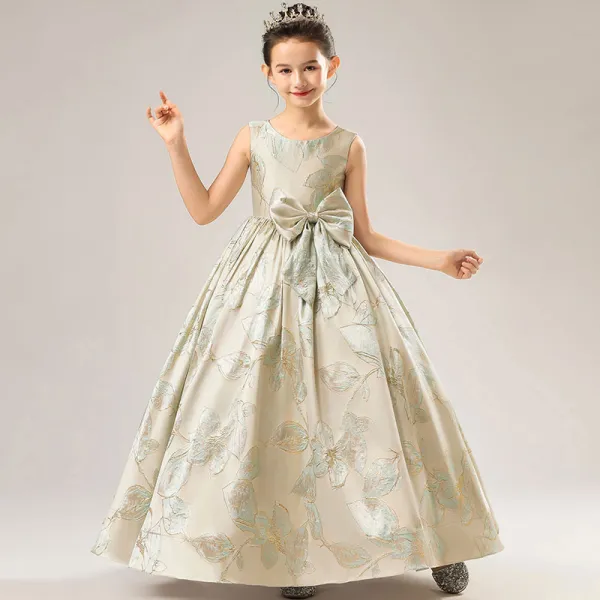 High-end Gold Satin Birthday Flower Girl Dresses 2021 Ball Gown Scoop Neck Sleeveless Bow Sage Green Embroidered Floor-Length / Long Ruffle