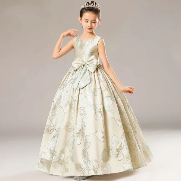 High-end Gold Satin Birthday Flower Girl Dresses 2021 Ball Gown Scoop Neck Sleeveless Bow Sage Green Embroidered Floor-Length / Long Ruffle