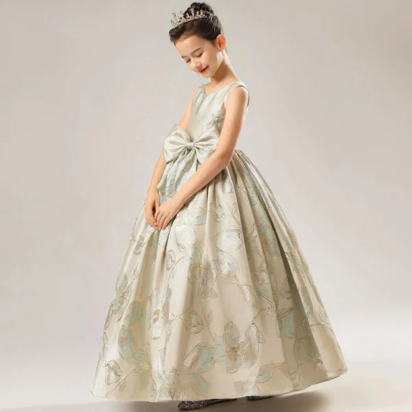 High-end Gold Satin Birthday Flower Girl Dresses 2021 Ball Gown Scoop Neck Sleeveless Bow Sage Green Embroidered Floor-Length / Long Ruffle