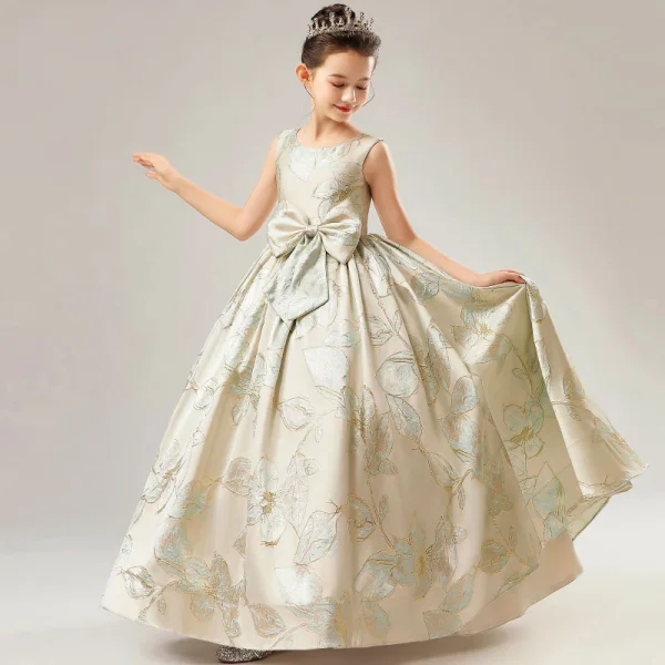 High-end Gold Satin Birthday Flower Girl Dresses 2021 Ball Gown Scoop Neck Sleeveless Bow Sage Green Embroidered Floor-Length / Long Ruffle