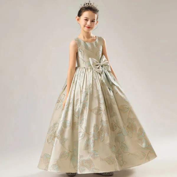 High-end Gold Satin Birthday Flower Girl Dresses 2021 Ball Gown Scoop Neck Sleeveless Bow Sage Green Embroidered Floor-Length / Long Ruffle