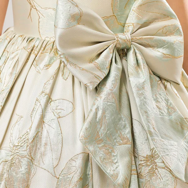 High-end Gold Satin Birthday Flower Girl Dresses 2021 Ball Gown Scoop Neck Sleeveless Bow Sage Green Embroidered Floor-Length / Long Ruffle