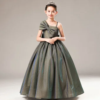 Mode Gris Anniversaire Robe Ceremonie Fille 2021 Robe Boule Une Épaule Bretelles Spaghetti Sans Manches Dos Nu Noeud Glitter Tulle Longue Volants