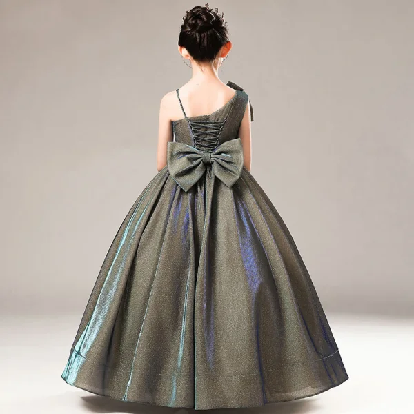 Fashion Grey Birthday Flower Girl Dresses 2021 Ball Gown One-Shoulder Spaghetti Straps Sleeveless Backless Bow Glitter Tulle Floor-Length / Long Ruffle