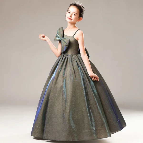 Fashion Grey Birthday Flower Girl Dresses 2021 Ball Gown One-Shoulder Spaghetti Straps Sleeveless Backless Bow Glitter Tulle Floor-Length / Long Ruffle