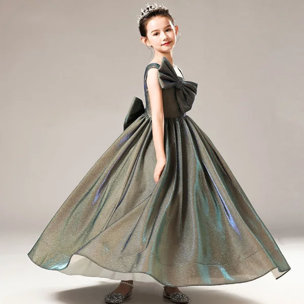 Fashion Grey Birthday Flower Girl Dresses 2021 Ball Gown One-Shoulder Spaghetti Straps Sleeveless Backless Bow Glitter Tulle Floor-Length / Long Ruffle